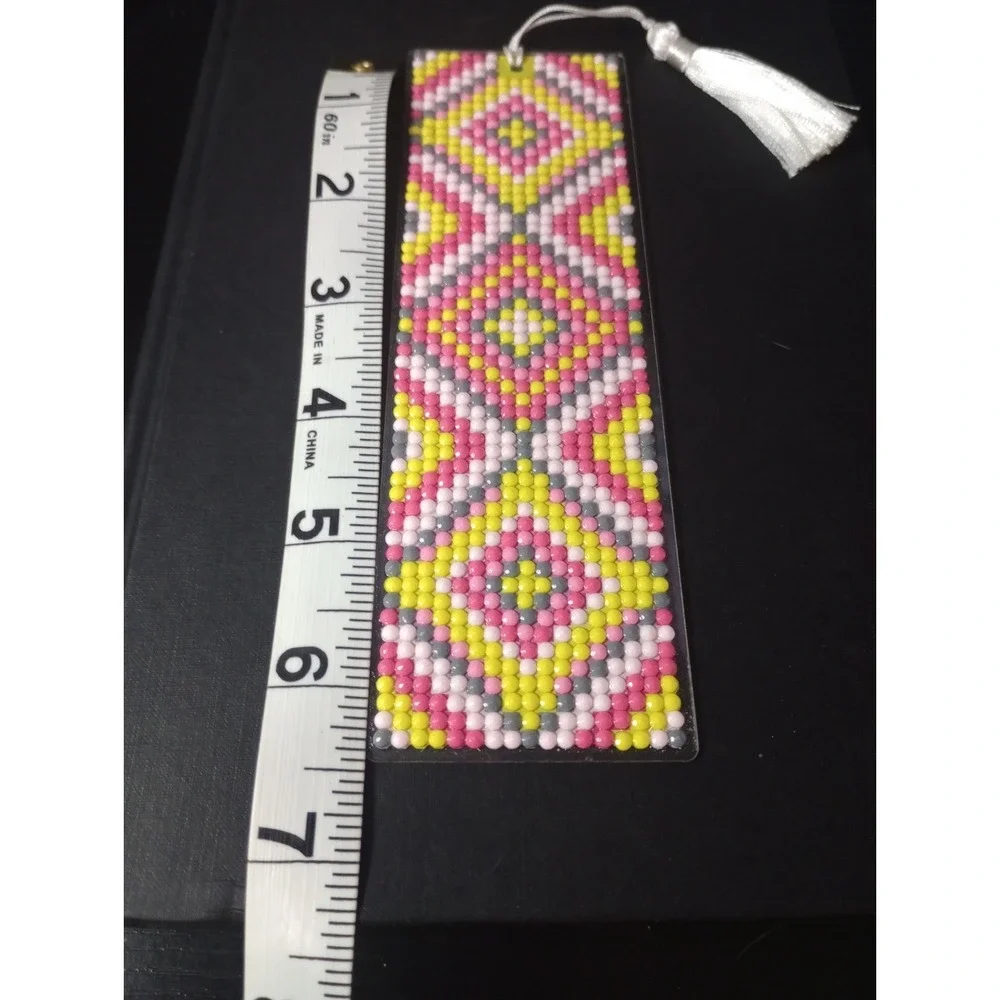 Handmade Diamond Painting Bookmark Pink Yellow Geometric Design White Tassel...